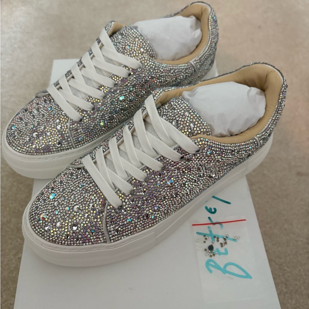 NEW IN BOX - Betsey Johnson Silver Rhinestone Sneakers - Picture 6 of 7